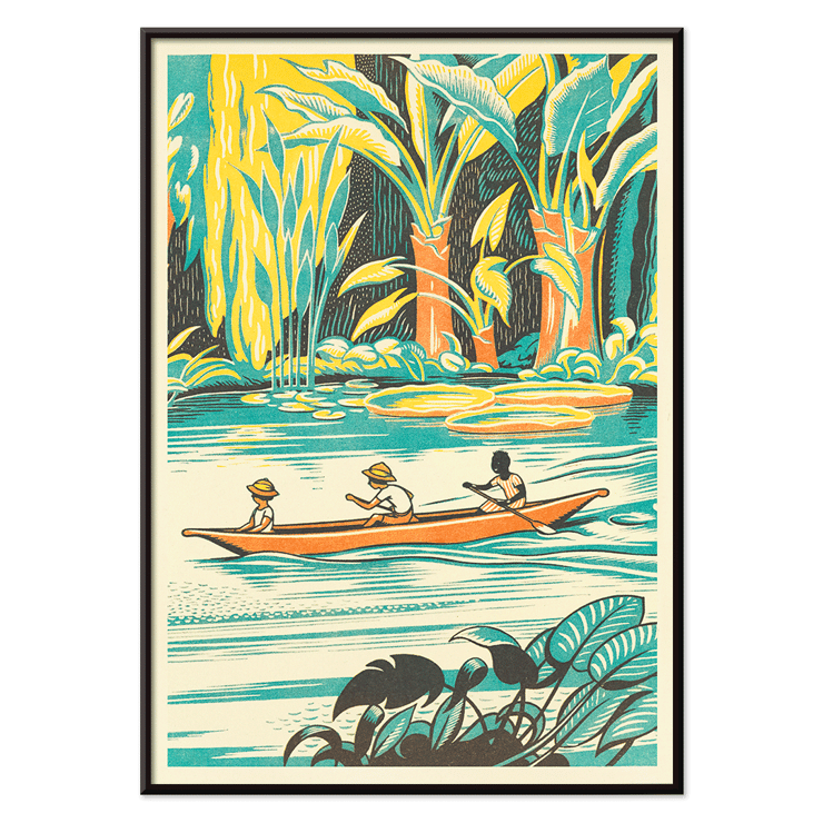 Three individuals in a canoe amidst dense jungle foliage A Jungle Picnic Pl by Clifford Webb Poster: Three people in a canoe rowing through a lush jungle river with vibrant greenery from A Jungle Picnic Pl.08 by Clifford Webb
