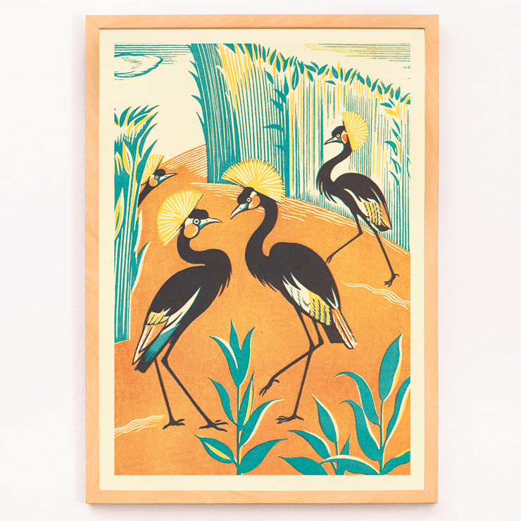 Colorful exotic birds in a jungle setting by Clifford Webb A Jungle Picnic Pl15 Poster featuring A Jungle Picnic Pl.15 by Clifford Webb with stylized birds and plants against an orange and green background.