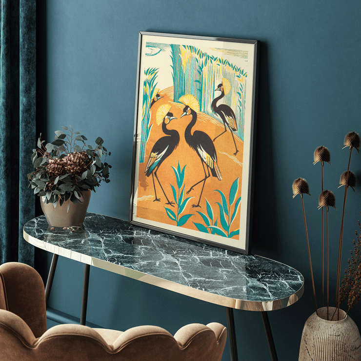 Colorful exotic birds in a jungle setting by Clifford Webb A Jungle Picnic Pl15 Poster featuring A Jungle Picnic Pl.15 by Clifford Webb with stylized birds and plants against an orange and green background.