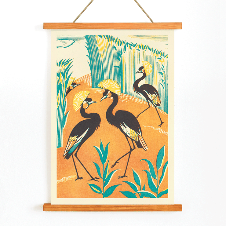 Colorful exotic birds in a jungle setting by Clifford Webb A Jungle Picnic Pl15 Poster featuring A Jungle Picnic Pl.15 by Clifford Webb with stylized birds and plants against an orange and green background.
