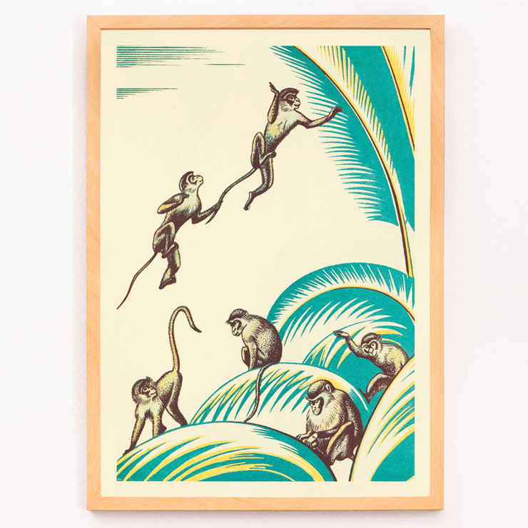 Monkeys playing in the jungle illustration by Clifford Webb titled A Jungle Picnic Pl 20 A poster of five monkeys among green palm leaves titled A Jungle Picnic Pl 20 by Clifford Webb