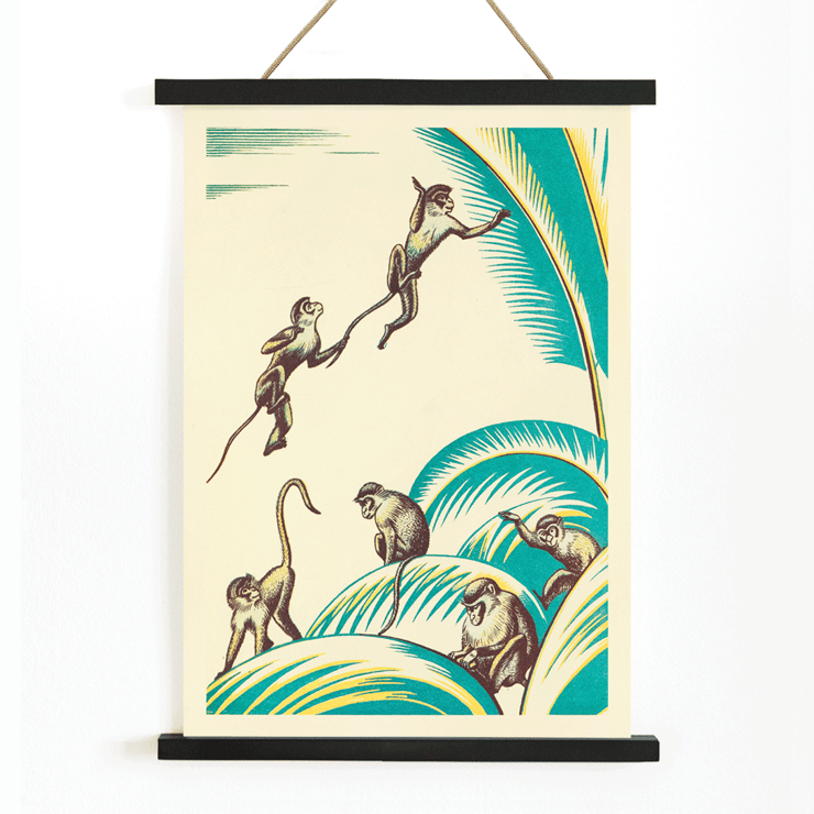 Monkeys playing in the jungle illustration by Clifford Webb titled A Jungle Picnic Pl 20 A poster of five monkeys among green palm leaves titled A Jungle Picnic Pl 20 by Clifford Webb