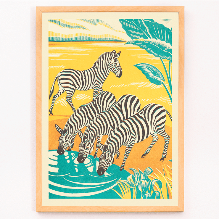 Zebras drinking at a waterhole in vibrant jungle scenery by Clifford Webb in A Jungle Picnic Pl.25 Zebra Poster illustration of zebras drinking water in a vibrant jungle setting titled A Jungle Picnic Pl.25 - Zebra by Clifford Webb.