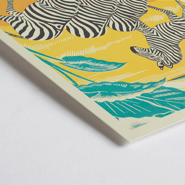 Zebras drinking at a waterhole in vibrant jungle scenery by Clifford Webb in A Jungle Picnic Pl.25 Zebra Poster illustration of zebras drinking water in a vibrant jungle setting titled A Jungle Picnic Pl.25 - Zebra by Clifford Webb.