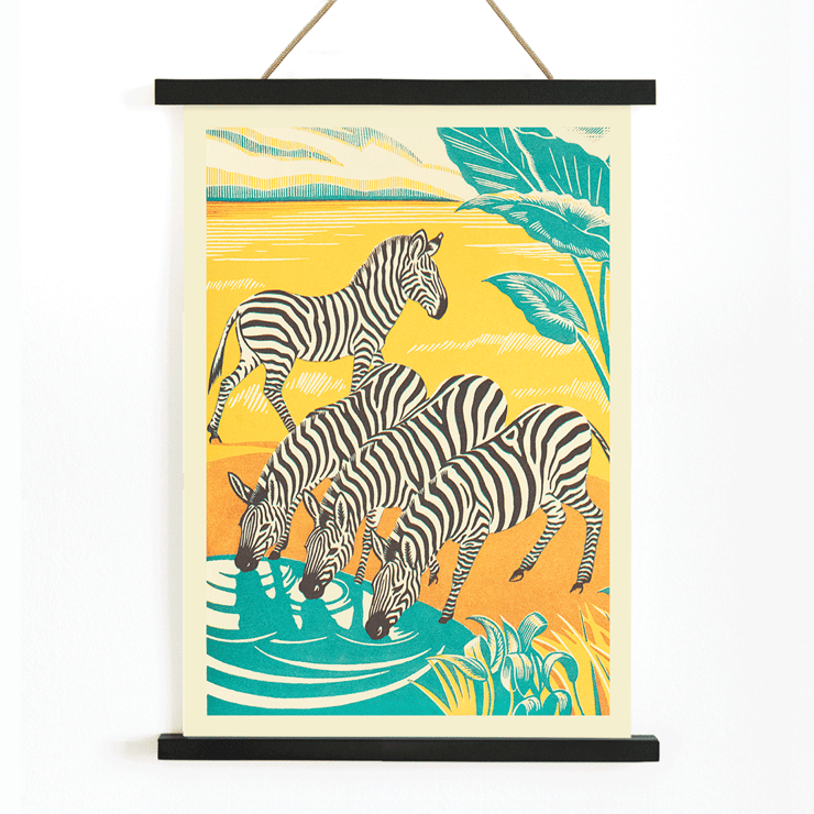 Zebras drinking at a waterhole in vibrant jungle scenery by Clifford Webb in A Jungle Picnic Pl.25 Zebra Poster illustration of zebras drinking water in a vibrant jungle setting titled A Jungle Picnic Pl.25 - Zebra by Clifford Webb.