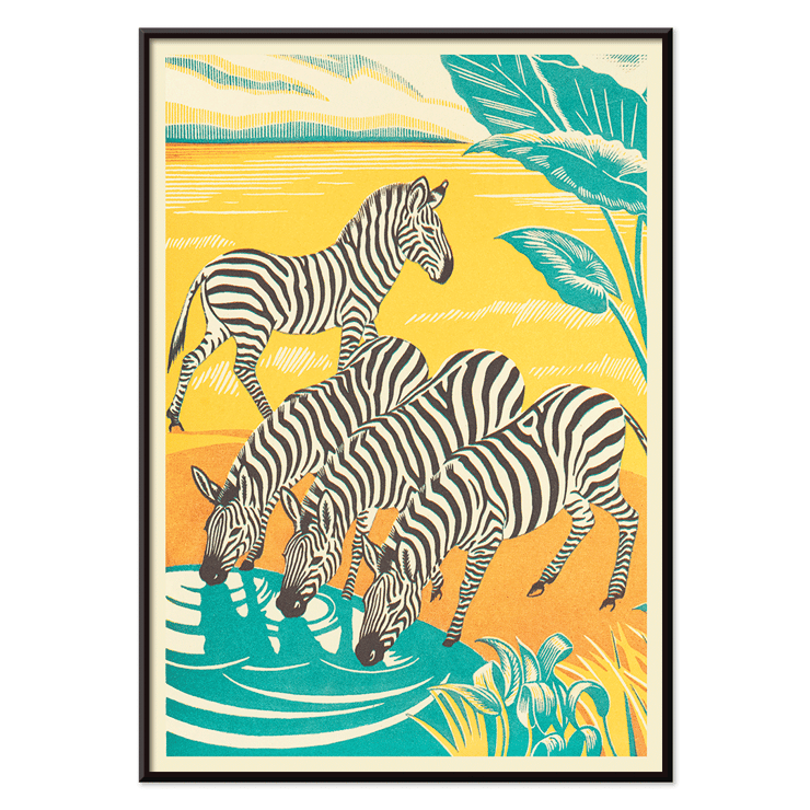 Zebras drinking at a waterhole in vibrant jungle scenery by Clifford Webb in A Jungle Picnic Pl.25 Zebra Poster illustration of zebras drinking water in a vibrant jungle setting titled A Jungle Picnic Pl.25 - Zebra by Clifford Webb.