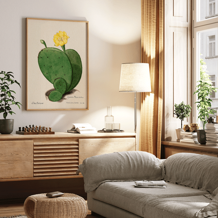 Indian fig opuntia cactus illustration by Karl Eduard Burger from artwork Familie Der Cacteen Poster featuring the artwork Indian fig opuntia cactus from Familie Der Cacteen depicting a green cactus with a yellow flower.