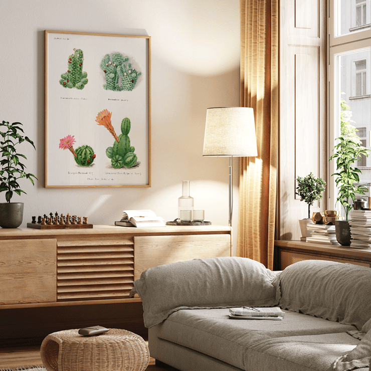 Illustration of assorted cacti by Familie Der Cacteen titled Assorted cacti from the work Familie Der Cacteen Poster of different types of cacti from Assorted cacti by Familie Der Cacteen depicting various species with their flowers