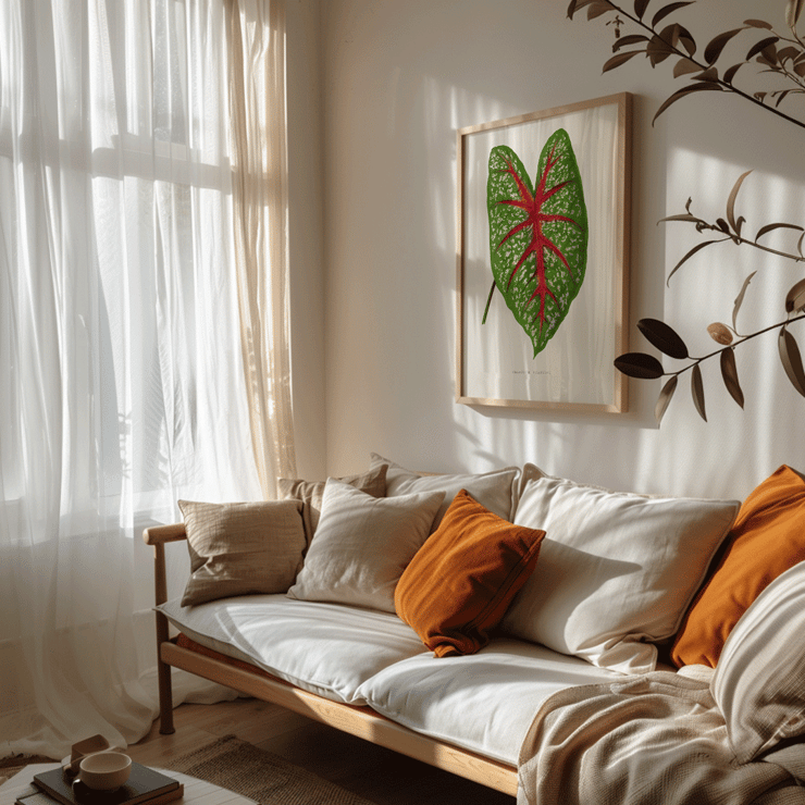 Green Caladium Chantini illustrated by Benjamin Fawsett featuring a vibrant green leaf with red veins Poster of Green Caladium Chantini from Les Plantes à Feuillage Coloré by Benjamin Fawsett featuring a vibrant green leaf with red veins.