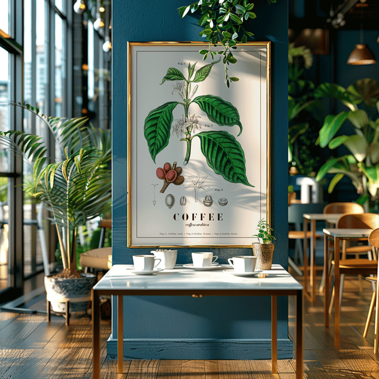Botanical illustration of Coffea arabica by John Stephenson Poster of Coffea arabica plant by John Stephenson featuring detailed botanical illustrations of coffee tree leaves and fruits
