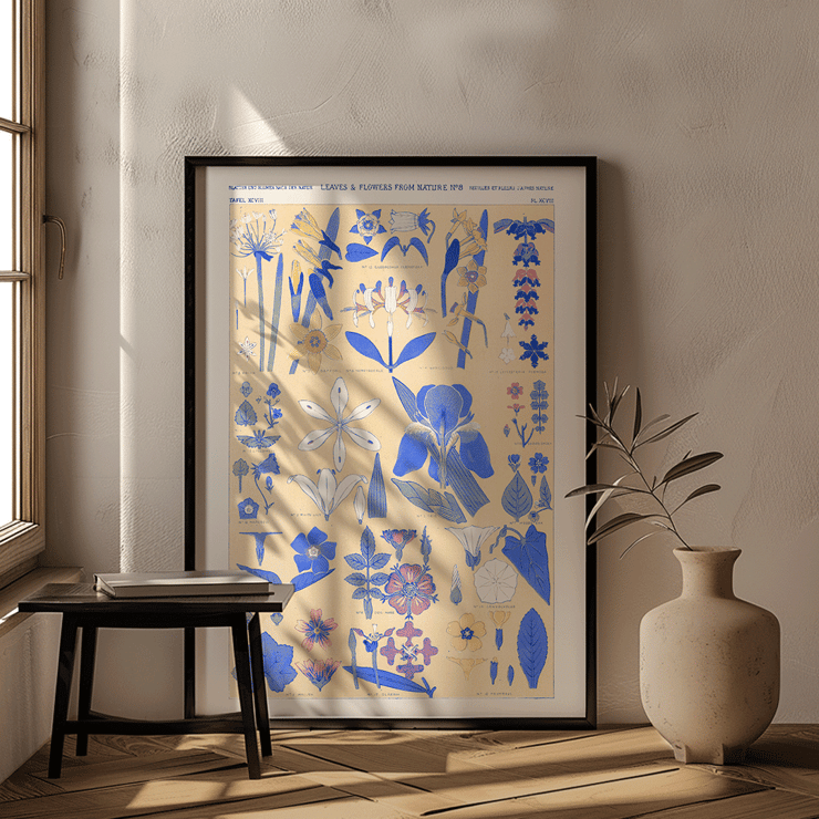 Blue botanical illustration of leaves and flowers by Owen Jones titled Blue set of leaves and flowers Poster titled Blue set of leaves and flowers by Owen Jones featuring botanical illustrations of various blue and yellow flowers and leaves
