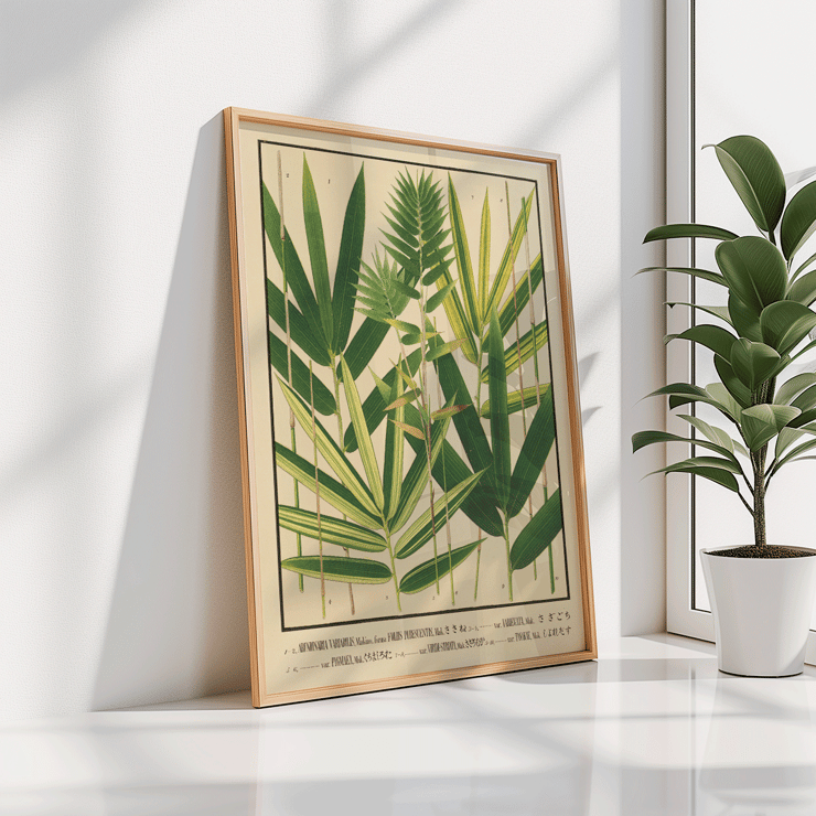 Botanical illustration of Japanese bamboo leaves by Yasuyoshi Shirasawa titled Icones of the bamboos of Japan Nihon chikurui zufu Pl.06 Poster depicting various species of bamboo with green leaves Icones of the bamboos of Japan – Nihon chikurui zufu Pl.06 by Yasuyoshi Shirasawa