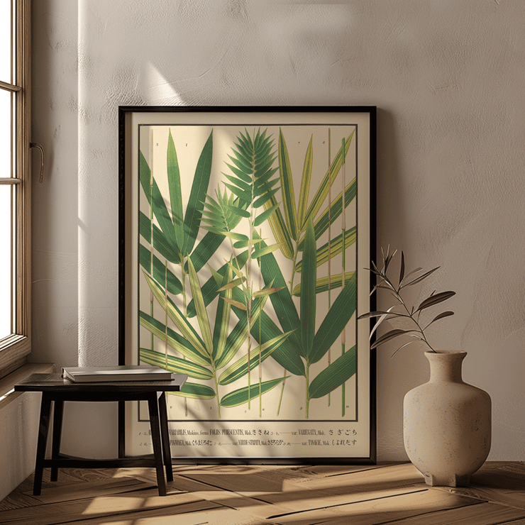 Botanical illustration of Japanese bamboo leaves by Yasuyoshi Shirasawa titled Icones of the bamboos of Japan Nihon chikurui zufu Pl.06 Poster depicting various species of bamboo with green leaves Icones of the bamboos of Japan – Nihon chikurui zufu Pl.06 by Yasuyoshi Shirasawa
