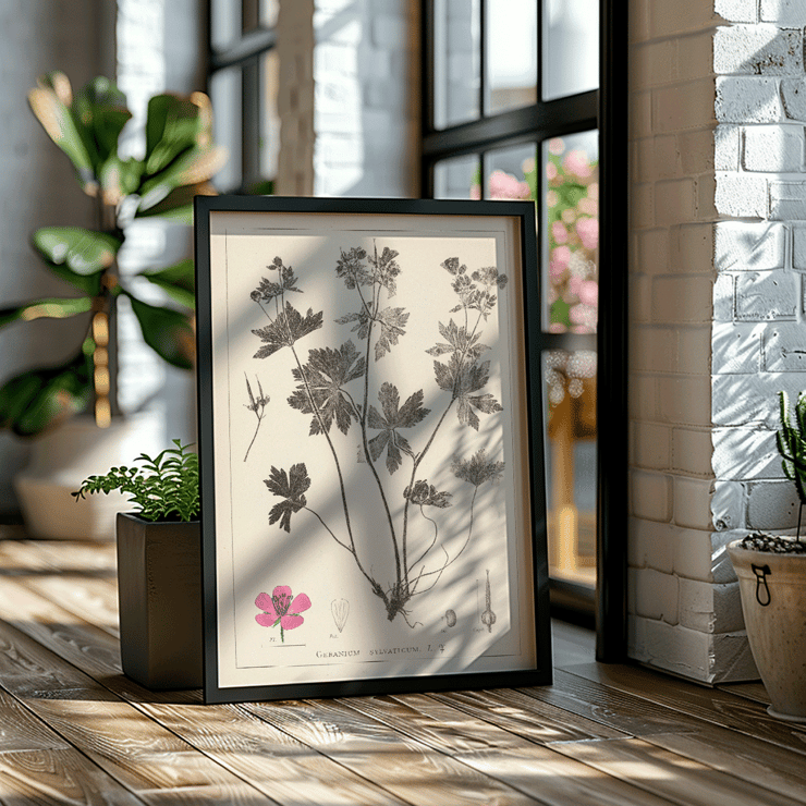Botanical illustration of Geranium sylvaticum by Louis Antoine Cusin titled Herbier de la flore française Pl 59 Poster depicting botanical illustration of Geranium sylvaticum with detailed sketches and a pink flower from Herbier de la flore française by Louis Antoine Cusin