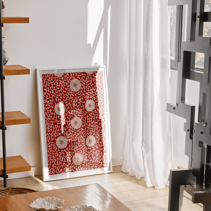 Red floral pattern artwork by Owen Jones from Chinese Ornament. A poster with a red floral pattern titled Examples of Chinese Ornament by Owen Jones featuring intricate white flowers and swirling vines.