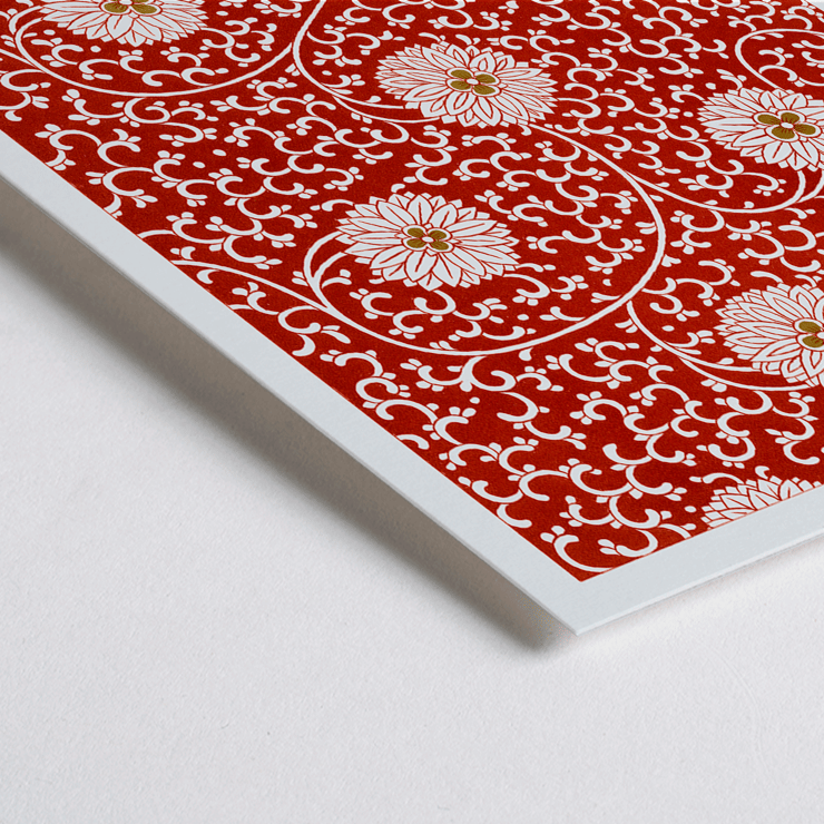 Red floral pattern artwork by Owen Jones from Chinese Ornament. A poster with a red floral pattern titled Examples of Chinese Ornament by Owen Jones featuring intricate white flowers and swirling vines.