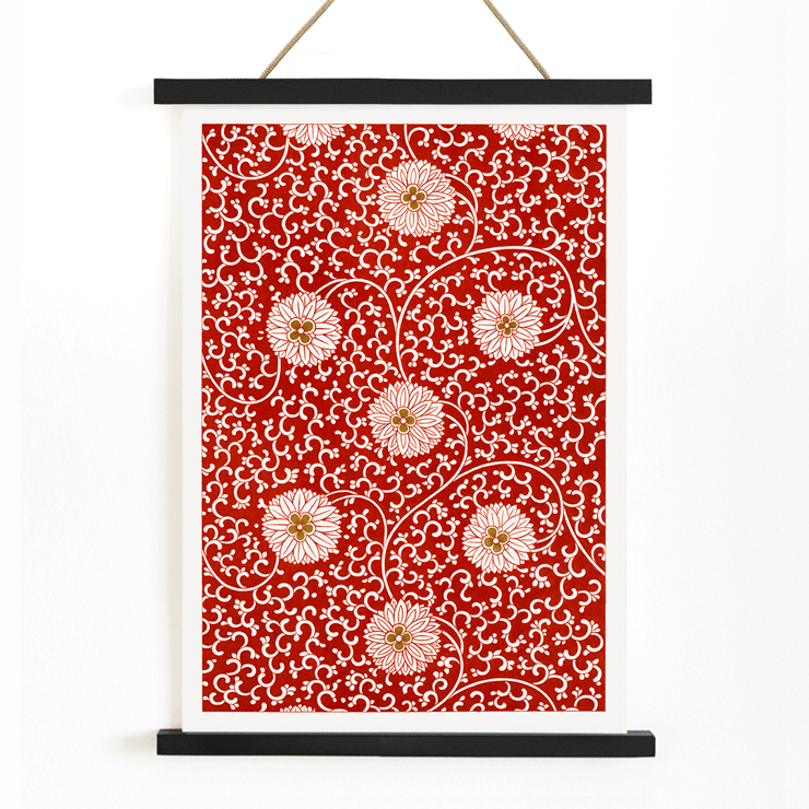 Red floral pattern artwork by Owen Jones from Chinese Ornament. A poster with a red floral pattern titled Examples of Chinese Ornament by Owen Jones featuring intricate white flowers and swirling vines.