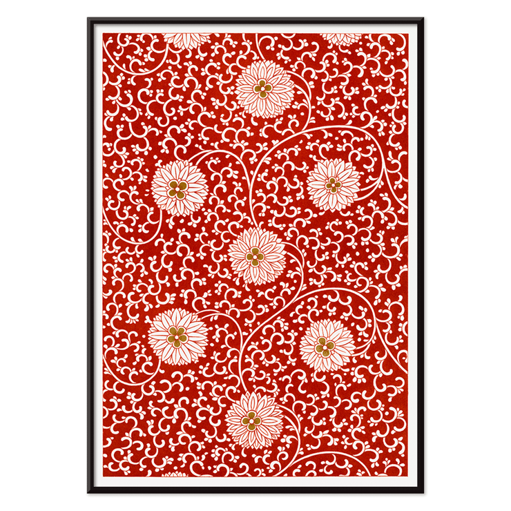 Red floral pattern artwork by Owen Jones from Chinese Ornament. A poster with a red floral pattern titled Examples of Chinese Ornament by Owen Jones featuring intricate white flowers and swirling vines.
