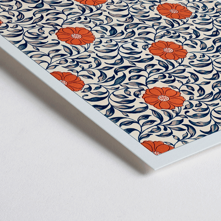 Dekoratives Blumenmuster von Owen Jones mit dem Titel Blumenmuster Beispiele für chinesische Ornamente Poster mit Blumenmuster-Kunstwerk mit dem Titel „Blumenmuster Beispiele für chinesisches Ornament“ von Owen Jones mit roten Blumen und blauen Blättern