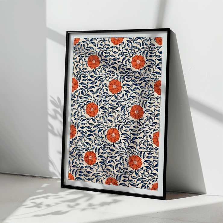 Dekoratives Blumenmuster von Owen Jones mit dem Titel Blumenmuster Beispiele für chinesische Ornamente Poster mit Blumenmuster-Kunstwerk mit dem Titel „Blumenmuster Beispiele für chinesisches Ornament“ von Owen Jones mit roten Blumen und blauen Blättern