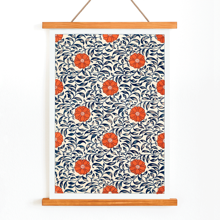 Dekoratives Blumenmuster von Owen Jones mit dem Titel Blumenmuster Beispiele für chinesische Ornamente Poster mit Blumenmuster-Kunstwerk mit dem Titel „Blumenmuster Beispiele für chinesisches Ornament“ von Owen Jones mit roten Blumen und blauen Blättern