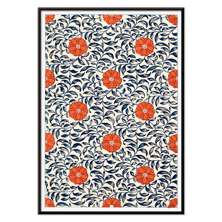 Dekoratives Blumenmuster von Owen Jones mit dem Titel Blumenmuster Beispiele für chinesische Ornamente Poster mit Blumenmuster-Kunstwerk mit dem Titel „Blumenmuster Beispiele für chinesisches Ornament“ von Owen Jones mit roten Blumen und blauen Blättern