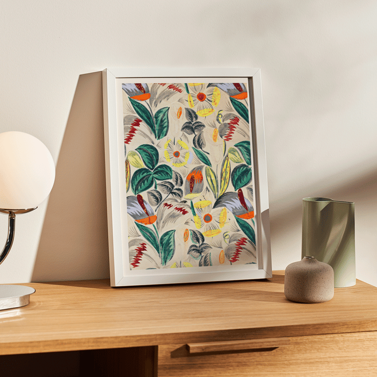 Textile Design Tropical Flowers II vibrant floral pattern with colorful foliage and blossoms Poster showcasing vibrant tropical flowers and lush greenery titled Textile Design- Tropical Flowers II.