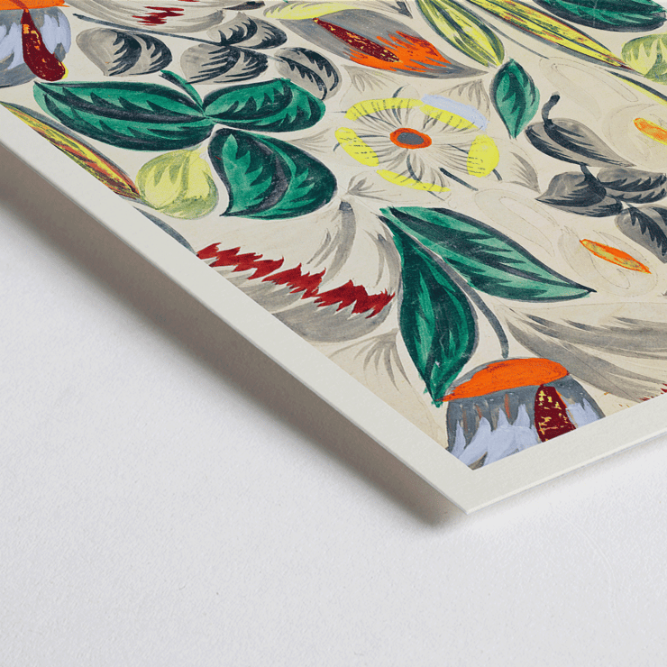Textile Design Tropical Flowers II vibrant floral pattern with colorful foliage and blossoms Poster showcasing vibrant tropical flowers and lush greenery titled Textile Design- Tropical Flowers II.