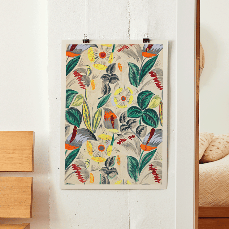 Textile Design Tropical Flowers II vibrant floral pattern with colorful foliage and blossoms Poster showcasing vibrant tropical flowers and lush greenery titled Textile Design- Tropical Flowers II.
