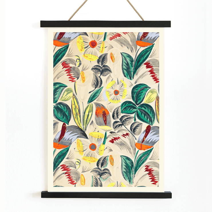 Textile Design Tropical Flowers II vibrant floral pattern with colorful foliage and blossoms Poster showcasing vibrant tropical flowers and lush greenery titled Textile Design- Tropical Flowers II.