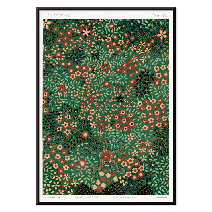 Kunstwerk mit Blumenmuster von GA Audsley in The Ornamental Arts Of Japan IX. Poster mit komplizierten Blumenmustern aus „The Ornamental Arts Of Japan“ von GA Audsley in leuchtenden Grün- und Rottönen.