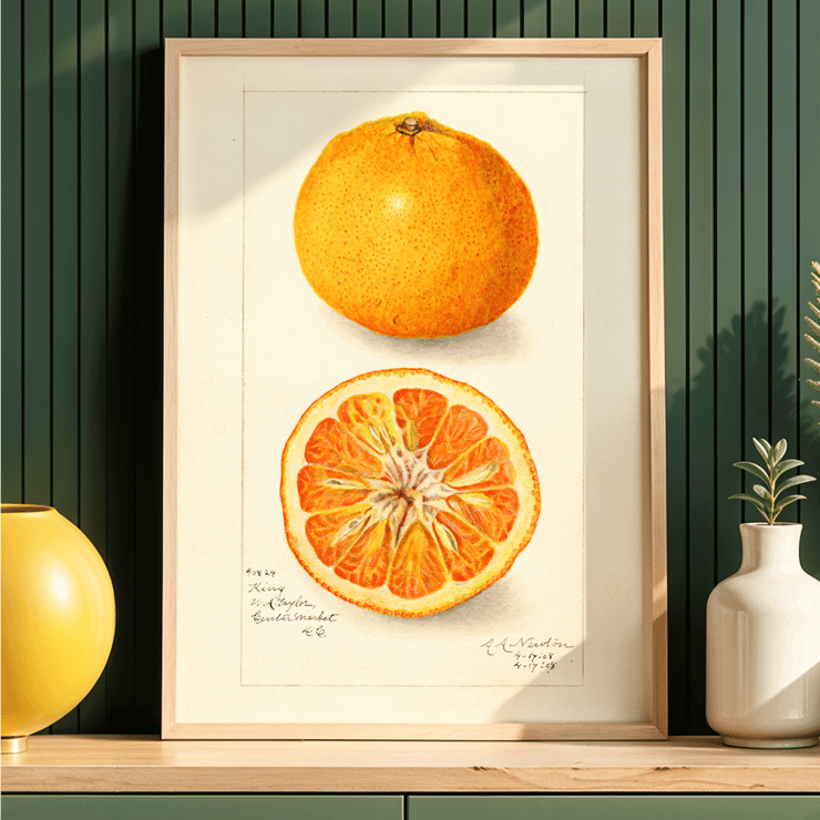 Illustration of Citrus nobilis by Amanda Almira Newton showing whole fruit and cross-section. Citrus fruit poster by Amanda Almira Newton displaying whole and halved orange with detailed illustration.