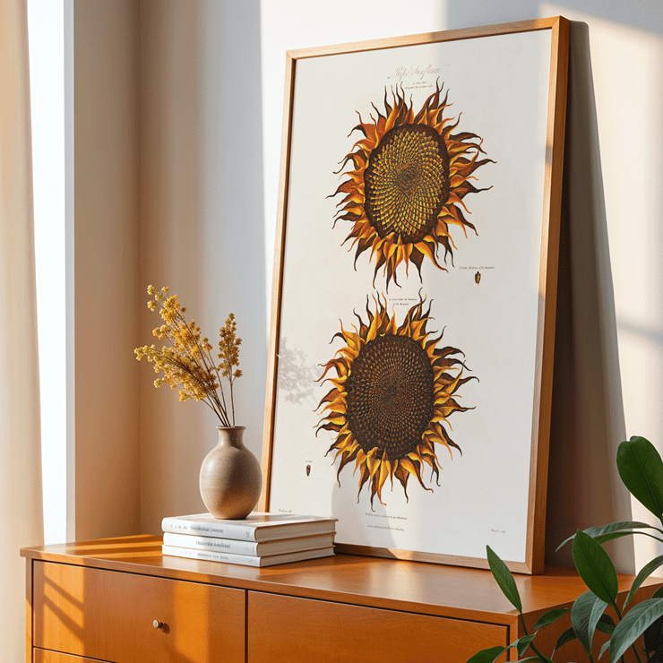 Illustration von Sonnenblumen von Robert John Thornton aus Ripe Sunflower Artwork Poster einer botanischen Illustration mit zwei Sonnenblumen mit dem Titel Ripe Sunflower von Robert John Thornton mit leuchtend orangefarbenen Blütenblättern