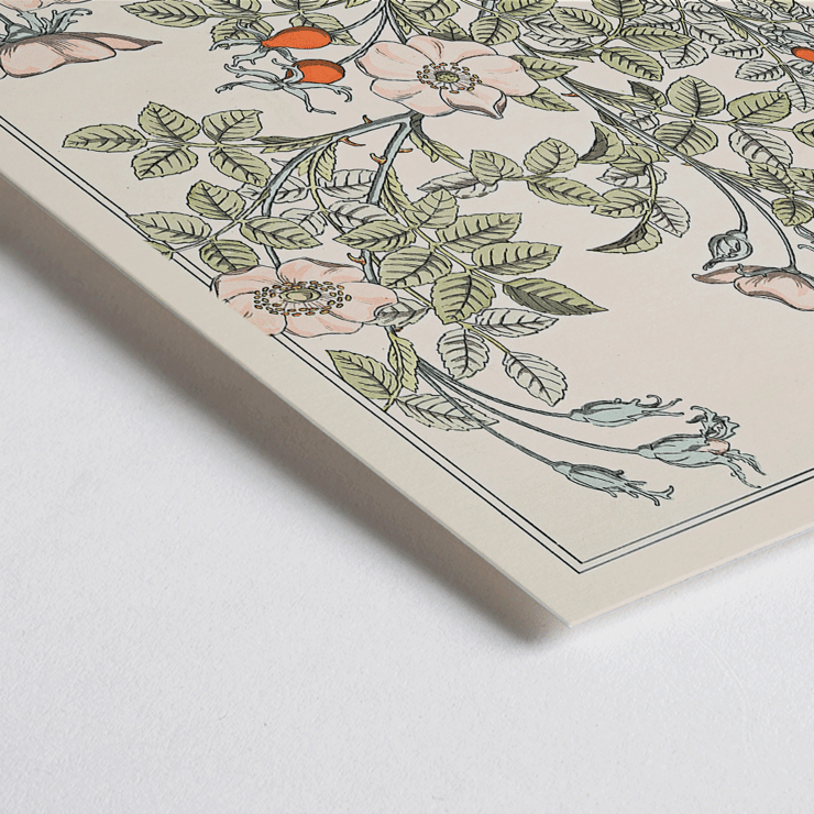 Blumenkunst mit Rosen und Blättern von Maurice Pillard Verneuil mit dem Titel Eglantier. Poster mit floralem Design von Maurice Pillard Verneuil mit dem Titel Eglantier mit komplizierten Mustern und Pastellfarben