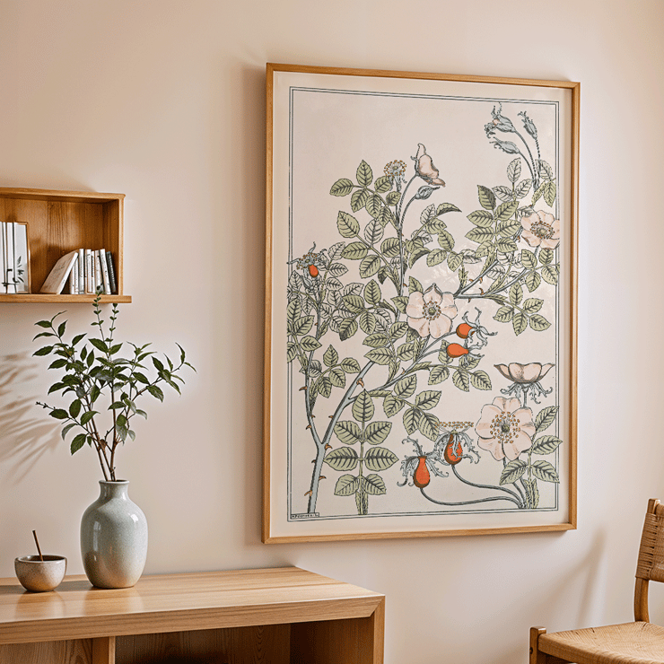 Blumenkunst mit Rosen und Blättern von Maurice Pillard Verneuil mit dem Titel Eglantier. Poster mit floralem Design von Maurice Pillard Verneuil mit dem Titel Eglantier mit komplizierten Mustern und Pastellfarben