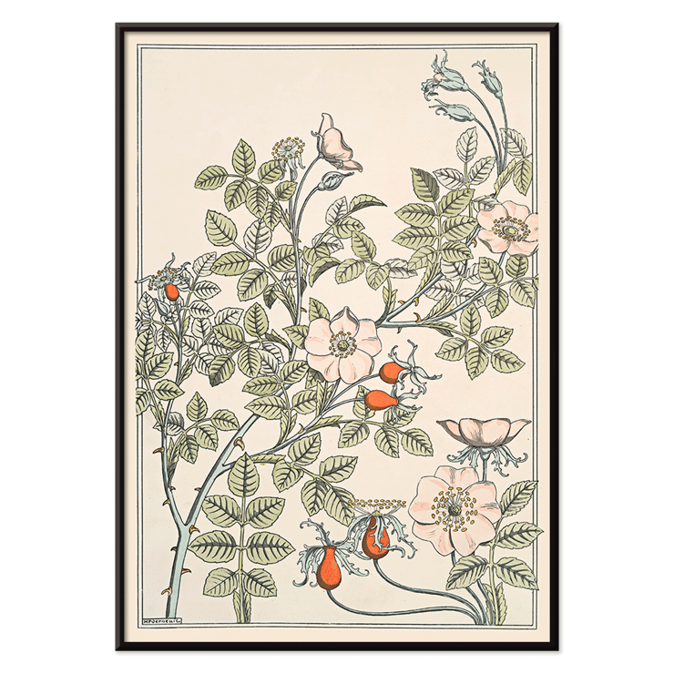 Blumenkunst mit Rosen und Blättern von Maurice Pillard Verneuil mit dem Titel Eglantier. Poster mit floralem Design von Maurice Pillard Verneuil mit dem Titel Eglantier mit komplizierten Mustern und Pastellfarben