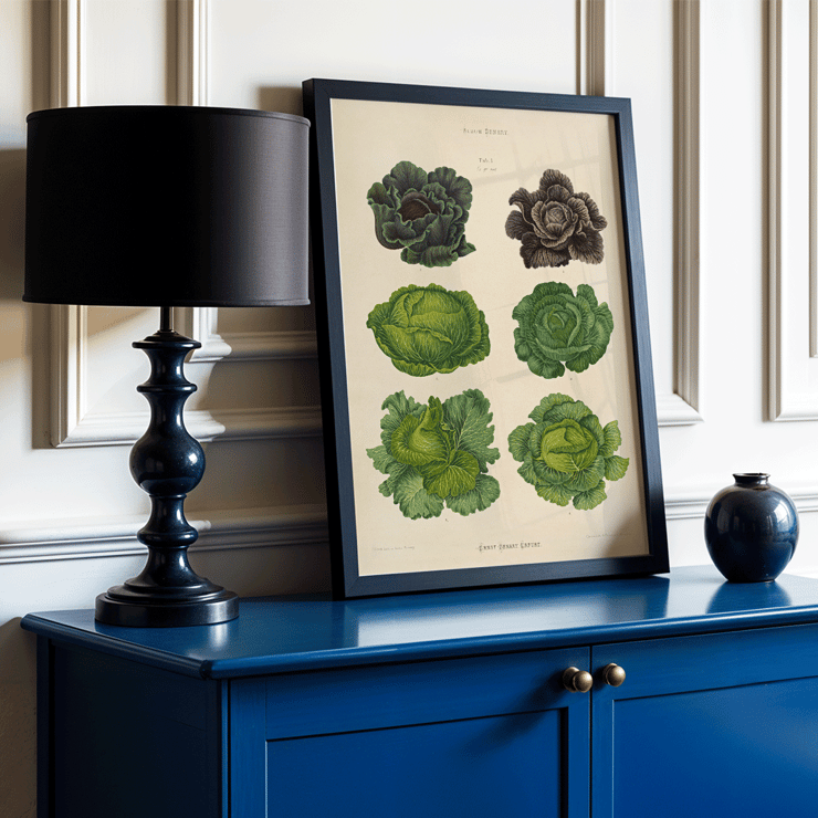 Cabbage illustrations by Ernst Benary from artwork Cabbages Poster showing various cabbage illustrations in green and purple shades titled Cabbages by artist Ernst Benary.