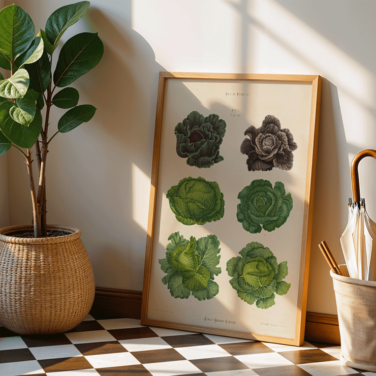 Cabbage illustrations by Ernst Benary from artwork Cabbages Poster showing various cabbage illustrations in green and purple shades titled Cabbages by artist Ernst Benary.