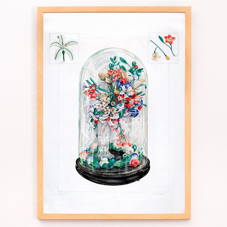 Wool Flowers Under Glass vibrant floral artwork by Frank J Mace. Poster of colorful flower bouquet under a glass dome titled Wool Flowers Under Glass by Frank J. Mace.