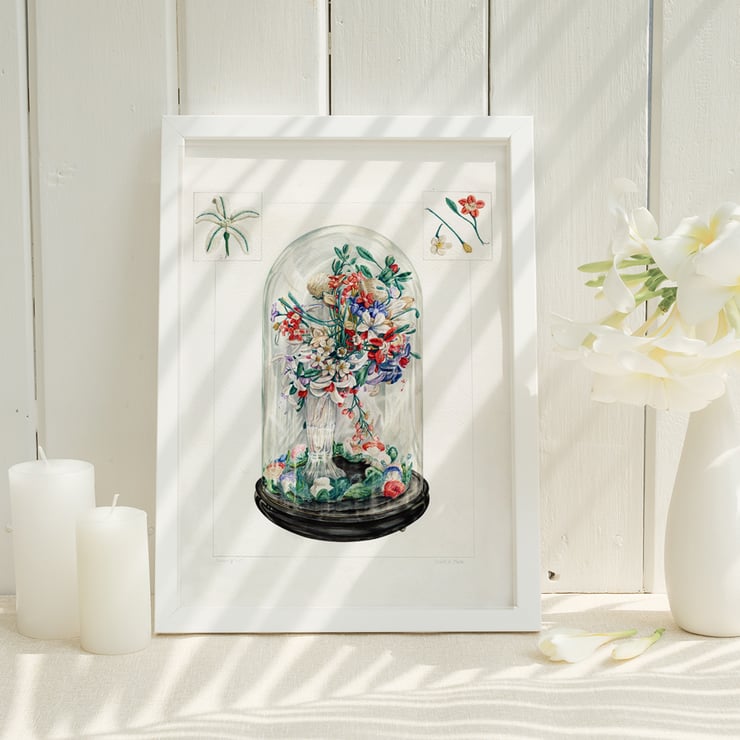 Wool Flowers Under Glass vibrant floral artwork by Frank J Mace. Poster of colorful flower bouquet under a glass dome titled Wool Flowers Under Glass by Frank J. Mace.