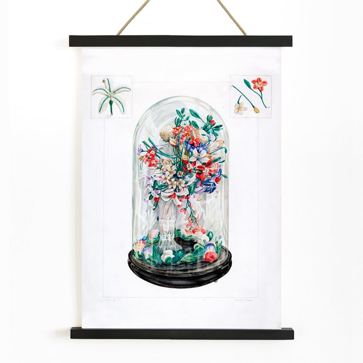 Wool Flowers Under Glass vibrant floral artwork by Frank J Mace. Poster of colorful flower bouquet under a glass dome titled Wool Flowers Under Glass by Frank J. Mace.