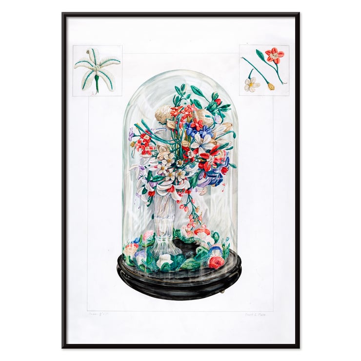 Wool Flowers Under Glass vibrant floral artwork by Frank J Mace. Poster of colorful flower bouquet under a glass dome titled Wool Flowers Under Glass by Frank J. Mace.