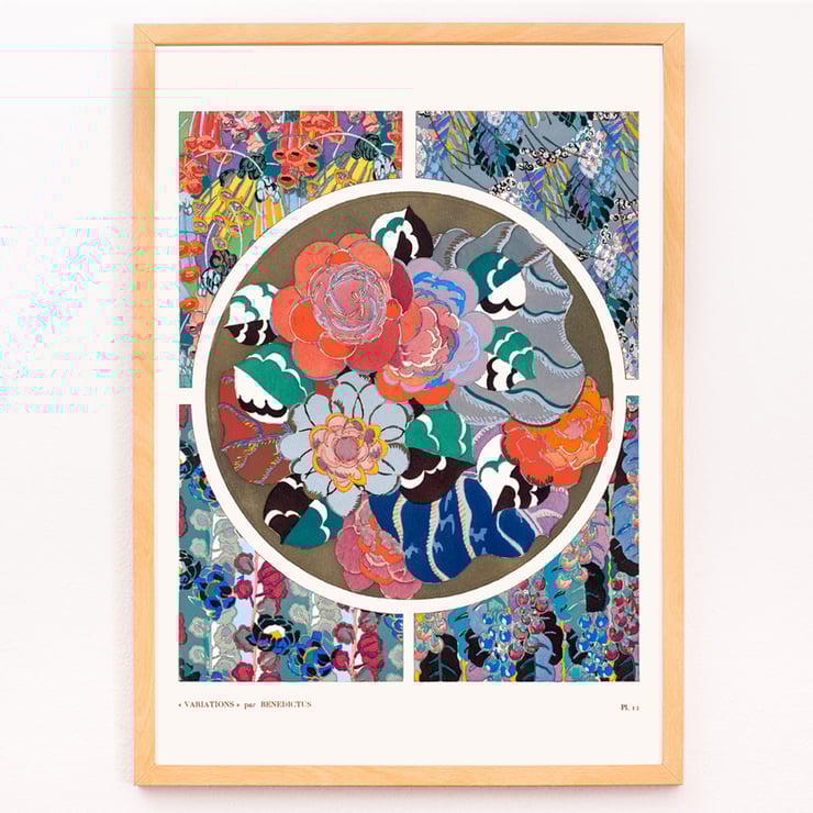 Floral abstract art deco pattern by Édouard Bénédictus from Variations Quatre-Vingt-Six Motifs Décoratifs En Vingt Planches Poster of vibrant floral art deco patterns by Édouard Bénédictus from the artwork Flower art deco pattern variations