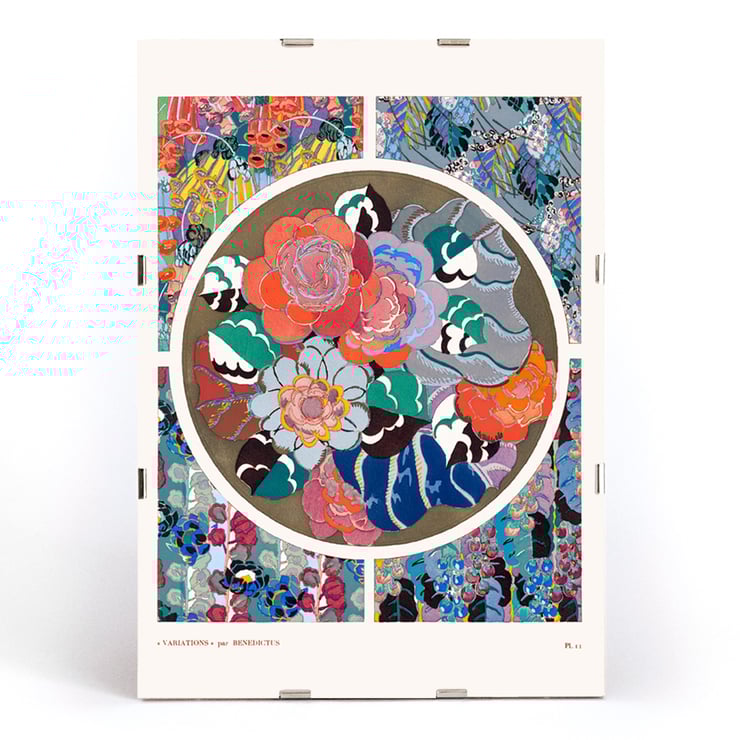 Floral abstract art deco pattern by Édouard Bénédictus from Variations Quatre-Vingt-Six Motifs Décoratifs En Vingt Planches Poster of vibrant floral art deco patterns by Édouard Bénédictus from the artwork Flower art deco pattern variations