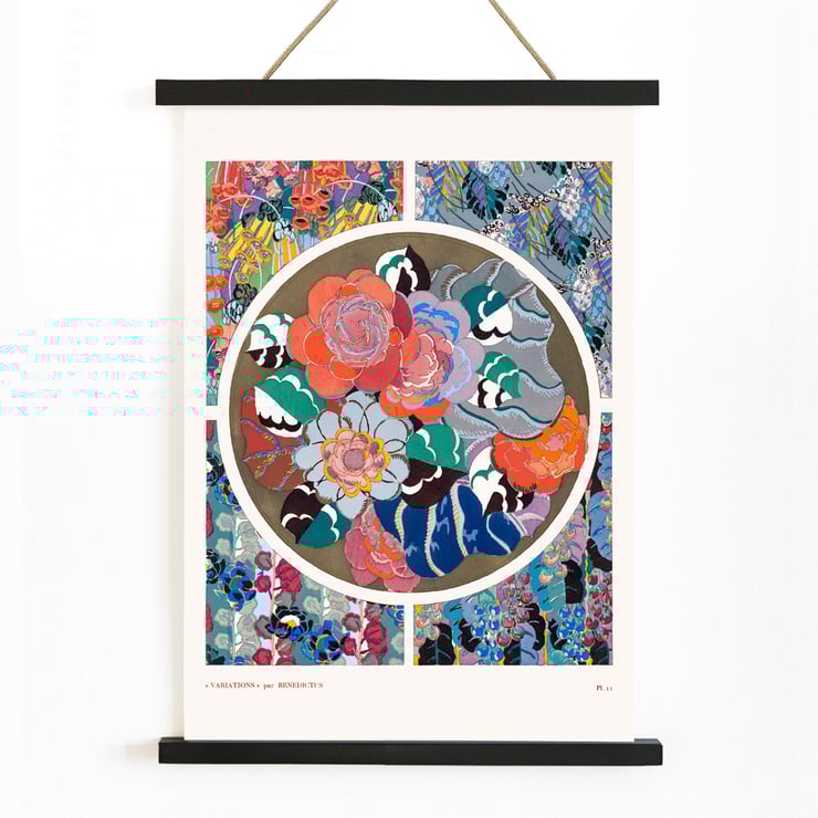 Floral abstract art deco pattern by Édouard Bénédictus from Variations Quatre-Vingt-Six Motifs Décoratifs En Vingt Planches Poster of vibrant floral art deco patterns by Édouard Bénédictus from the artwork Flower art deco pattern variations