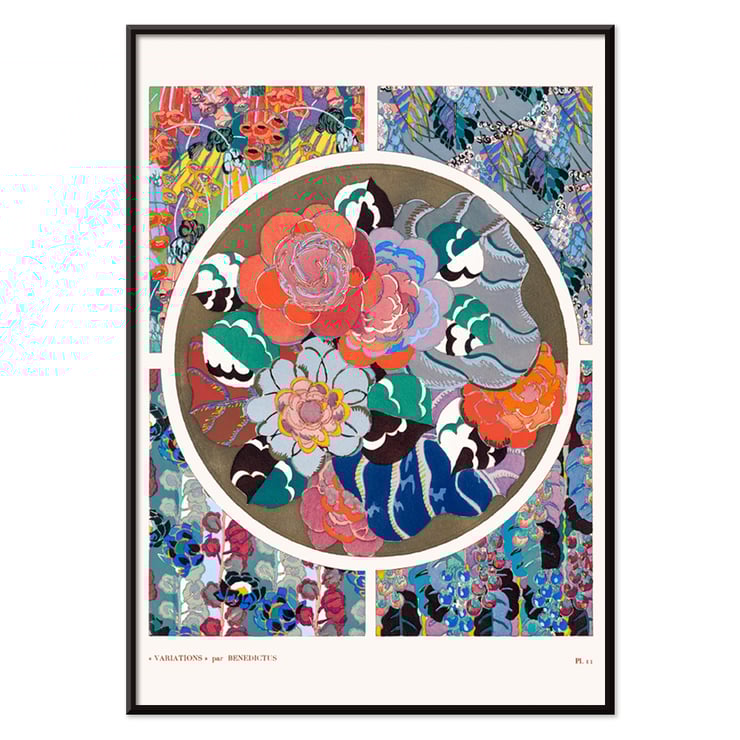 Floral abstract art deco pattern by Édouard Bénédictus from Variations Quatre-Vingt-Six Motifs Décoratifs En Vingt Planches Poster of vibrant floral art deco patterns by Édouard Bénédictus from the artwork Flower art deco pattern variations