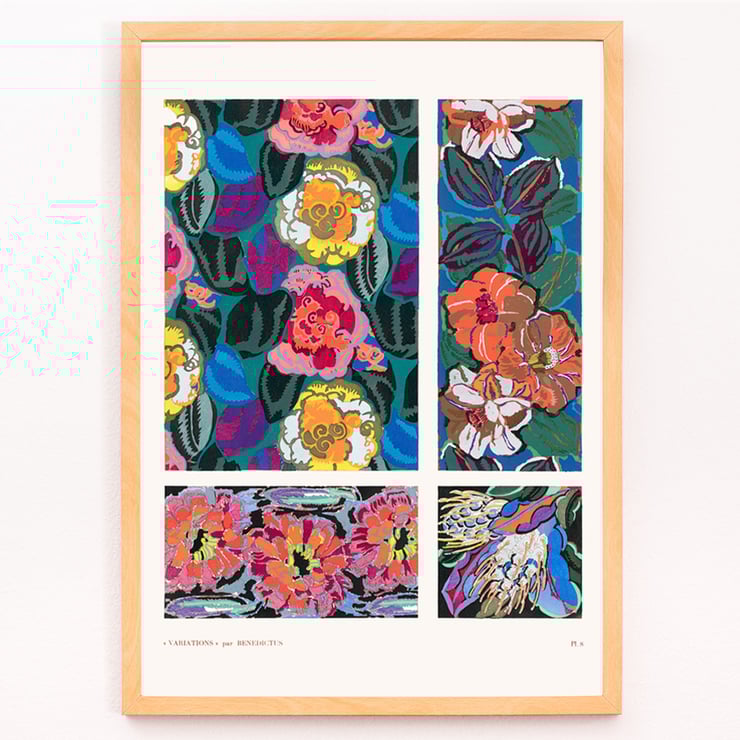 Colorful geometric floral motifs by Édouard Bénédictus from Variations Quatre-Vingt-Six Motifs Décoratifs En Vingt Planches Poster featuring geometric floral motifs by Édouard Bénédictus from artwork Variations Quatre-Vingt-Six Motifs Décoratifs En Vingt Planches.