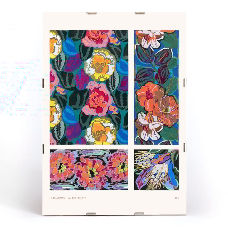 Colorful geometric floral motifs by Édouard Bénédictus from Variations Quatre-Vingt-Six Motifs Décoratifs En Vingt Planches Poster featuring geometric floral motifs by Édouard Bénédictus from artwork Variations Quatre-Vingt-Six Motifs Décoratifs En Vingt Planches.