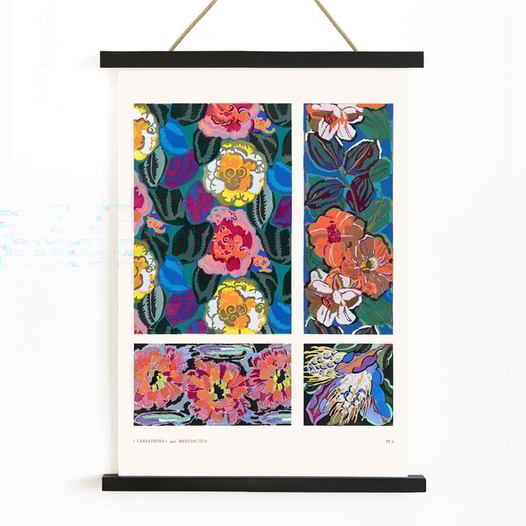 Colorful geometric floral motifs by Édouard Bénédictus from Variations Quatre-Vingt-Six Motifs Décoratifs En Vingt Planches Poster featuring geometric floral motifs by Édouard Bénédictus from artwork Variations Quatre-Vingt-Six Motifs Décoratifs En Vingt Planches.