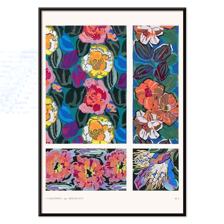 Colorful geometric floral motifs by Édouard Bénédictus from Variations Quatre-Vingt-Six Motifs Décoratifs En Vingt Planches Poster featuring geometric floral motifs by Édouard Bénédictus from artwork Variations Quatre-Vingt-Six Motifs Décoratifs En Vingt Planches.